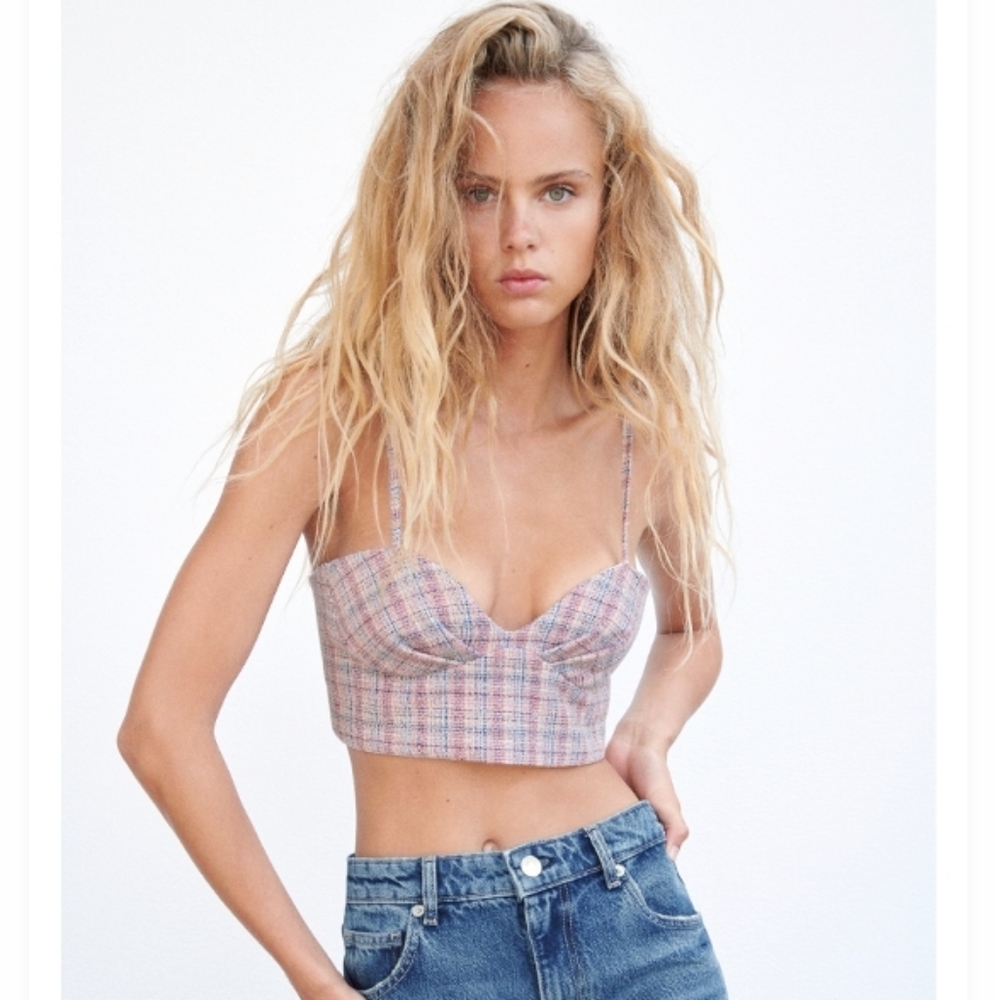 ZARA WOMEN'S TWEED CHECKERED CORSET CROPPED TOP NWT SIZE LARGE